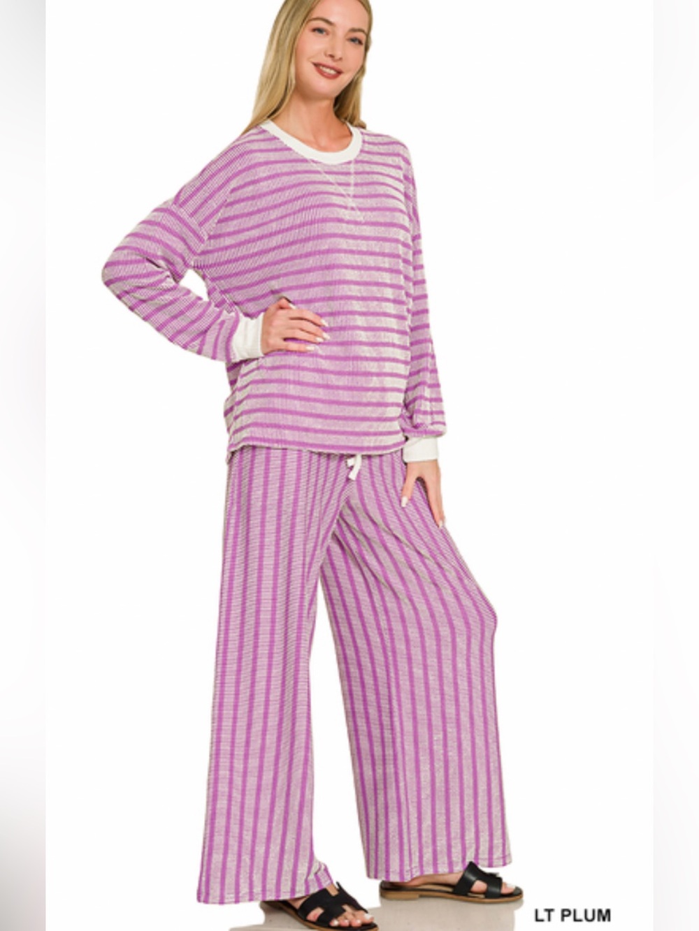 223 ❤️ light plum ZENANA RAISED RIB STRIPED
PULLOVER & PANTS SET